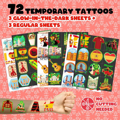 96 PCS Spain Party Favors Set – 72 Pre-Cut Temporary Tattoos & 24 Slap Bracelets, Perfect for Flamenco Parties & Travel-Inspired Celebrations