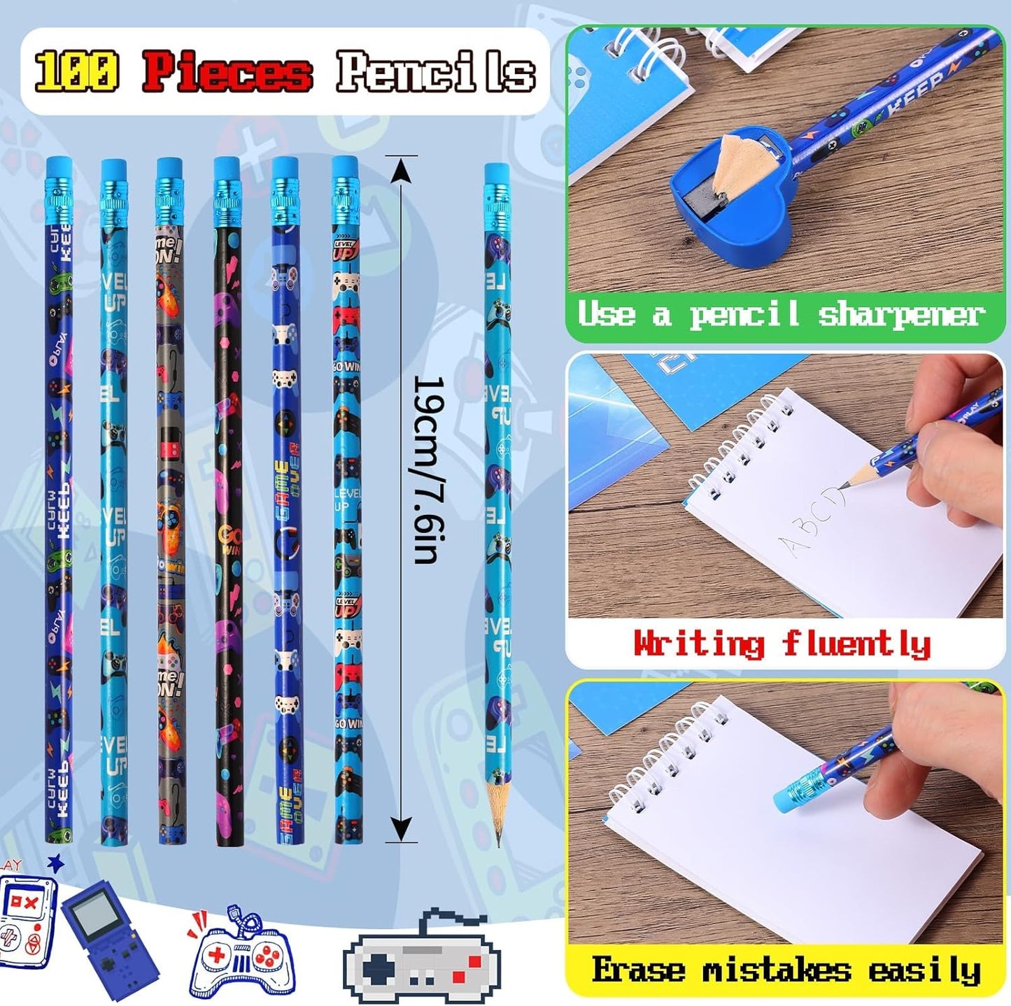 Kolewo4ever 148 Pieces Video Game Theme Stationery Set:100 Pcs Video Game Pencils 24 Pcs Game Pattern Mini Spiral Notepad Memo Pad 24 Pcs Game Metal Charms Bookmarks (Video Game)