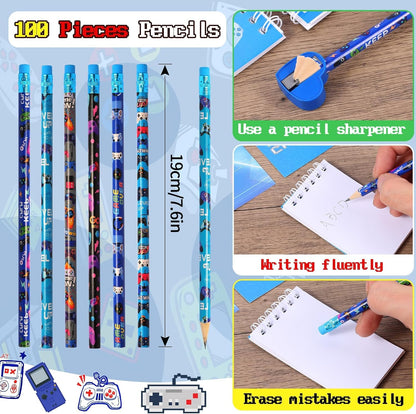 Kolewo4ever 148 Pieces Video Game Theme Stationery Set:100 Pcs Video Game Pencils 24 Pcs Game Pattern Mini Spiral Notepad Memo Pad 24 Pcs Game Metal Charms Bookmarks (Video Game)