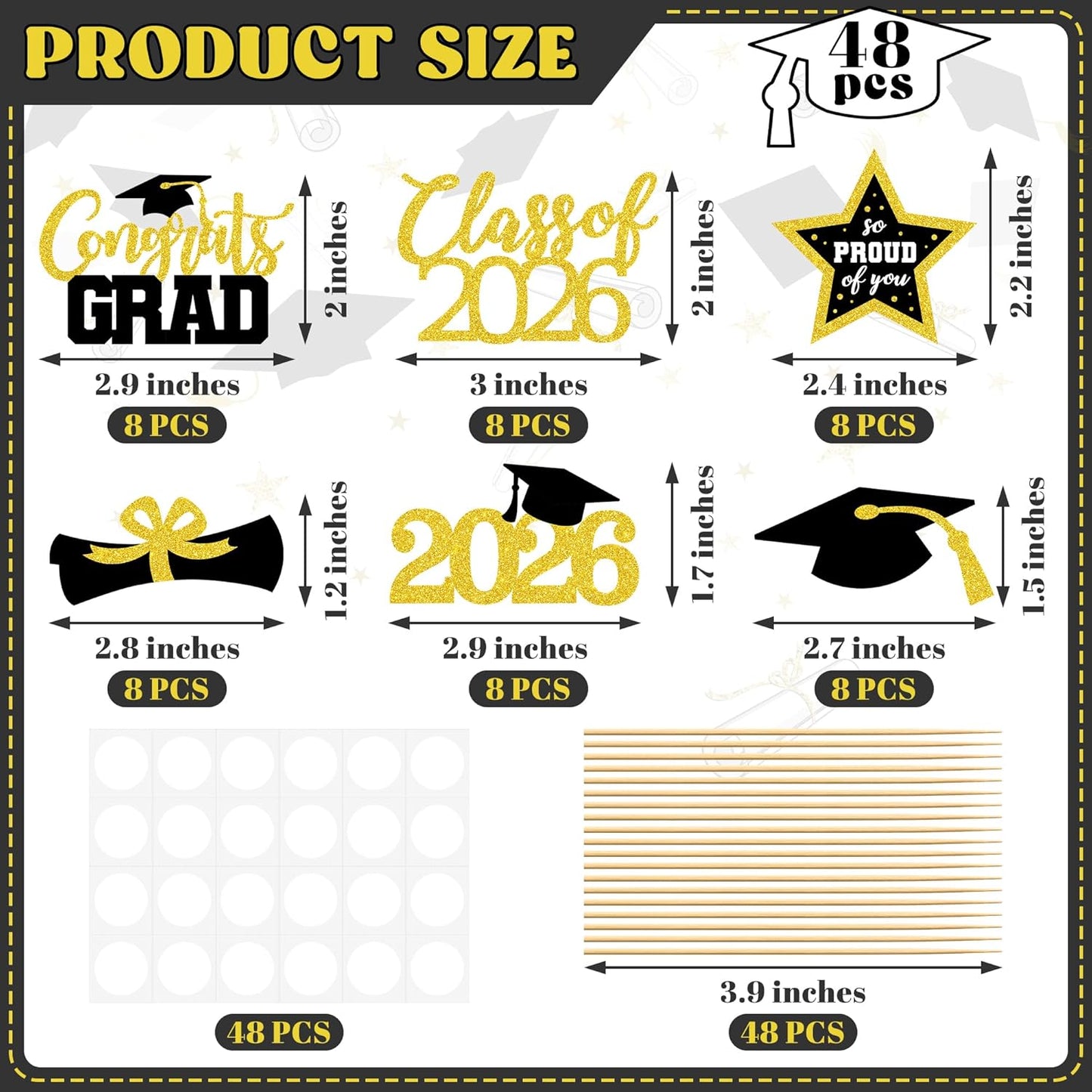 48 PCS Graduation Cupcake Toppers, Glittery 6 Styles Congrats Grad Cake Topper, Black and Red Graduation Decorations 2026, Cap and Diploma Cake Picks for Grad Party Supplies