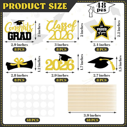 48 PCS Graduation Cupcake Toppers, Glittery 6 Styles Congrats Grad Cake Topper, Black and Red Graduation Decorations 2026, Cap and Diploma Cake Picks for Grad Party Supplies