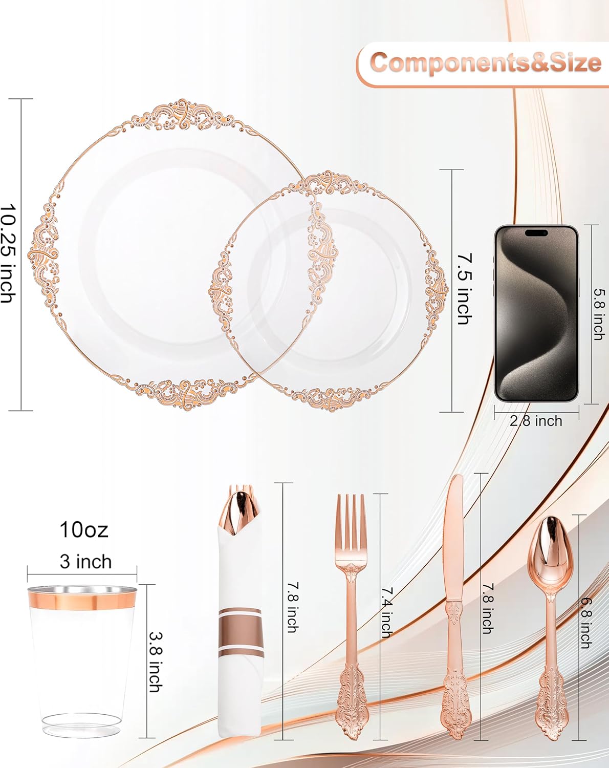 Nervure 350PCS Gold Plastic Plates - Gold Plastic Dinnerware Sets for 50 Guests - 100 Disposable Plates, 150 Silverware, 50 Cups, 50 Napkins for Wedding & Party & Mothers Day