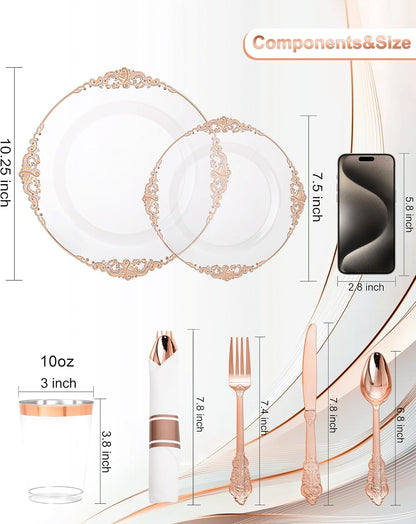Nervure 350PCS Gold Plastic Plates - Gold Plastic Dinnerware Sets for 50 Guests - 100 Disposable Plates, 150 Silverware, 50 Cups, 50 Napkins for Wedding & Party & Mothers Day
