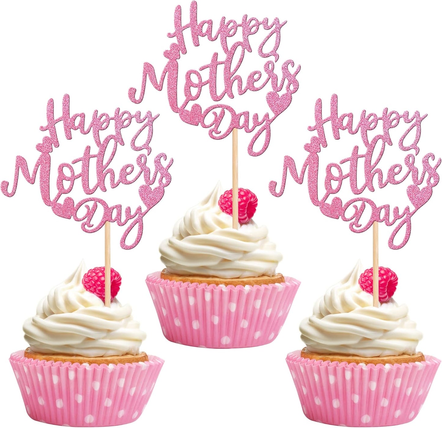 24 PCS Happy Mother's Day Cupcake Toppers with Glitter Heart Love Mother Best Mom Cupcake Picks for Happy Mother's Day Theme Women Birthday Party Cake Decorations Supplies Rose Gold