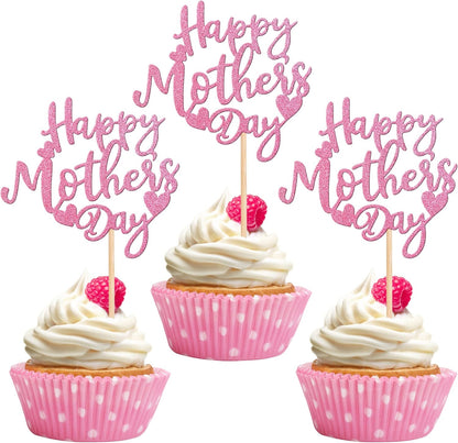 24 PCS Happy Mother's Day Cupcake Toppers with Glitter Heart Love Mother Best Mom Cupcake Picks for Happy Mother's Day Theme Women Birthday Party Cake Decorations Supplies Rose Gold