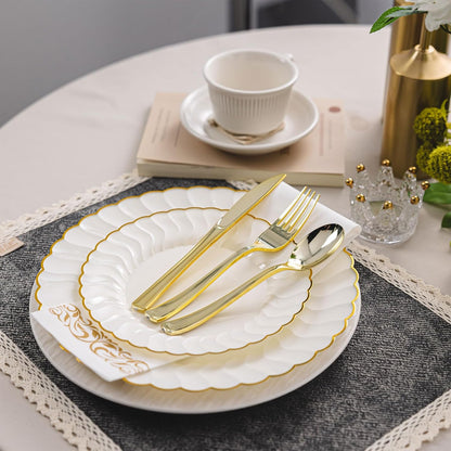 Lullaby 60PCS Ivory Scalloped Plastic Plates with Gold Rim, Disposable Elegant Plates Include 30pcs Dinner Plate 10.25", 30pcs Plastic Dessert Plate 7.5", Perfect for Wedding and Party