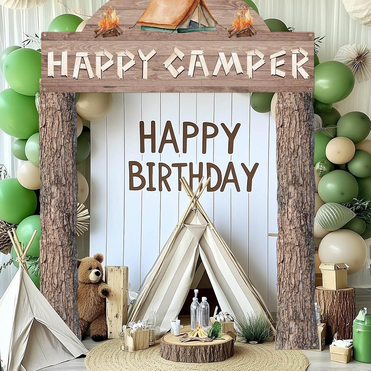 Peryiter 3 Pcs Camping Themed Party Decorations Banner Welcome Porch Sign with 1 Double Sided Tape for Summer Camp Birthday Hawaii Baby Shower Themed Party Activity Decor door (Forest Style)