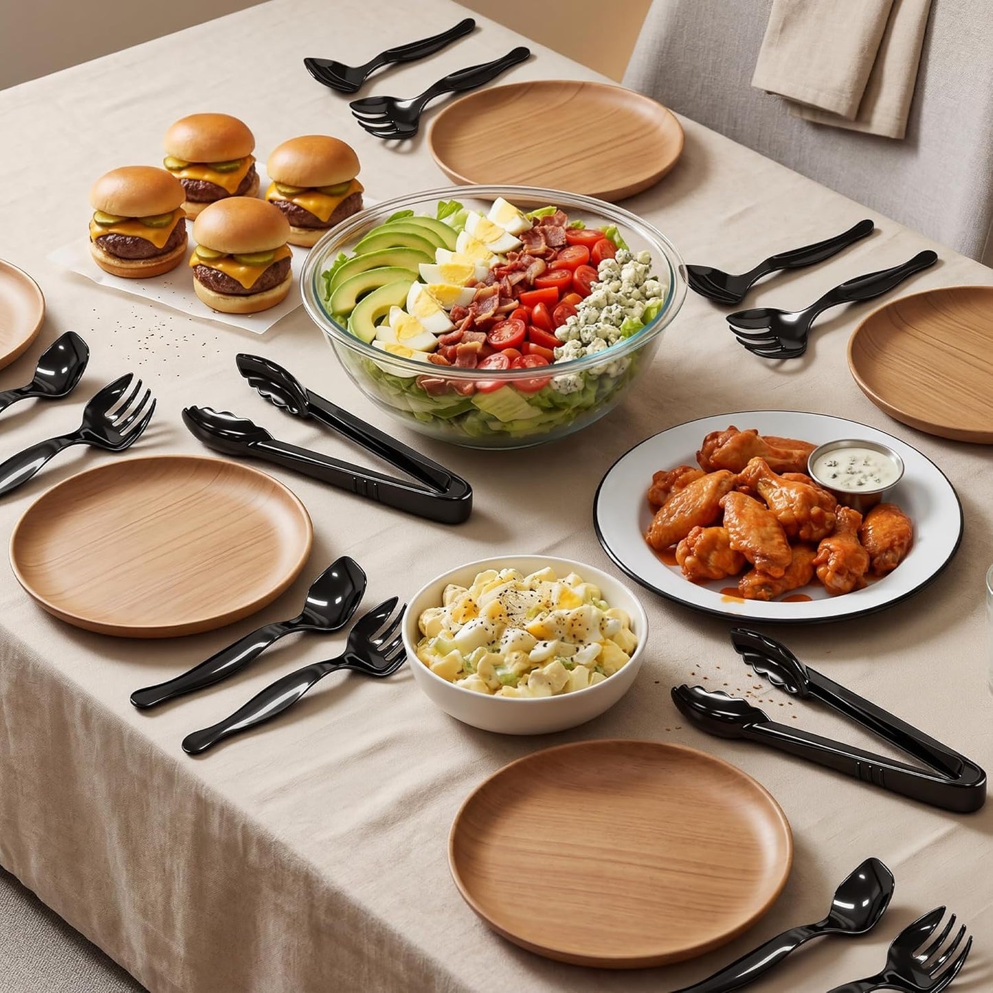 36Pcs Disposable Plastic Serving Utensils Set, 12 Black Spoons, 12 Forks, 12 Tongs, 9-Inch for Party Buffet Catering Events, Heavy Duty and Ergonomic Design