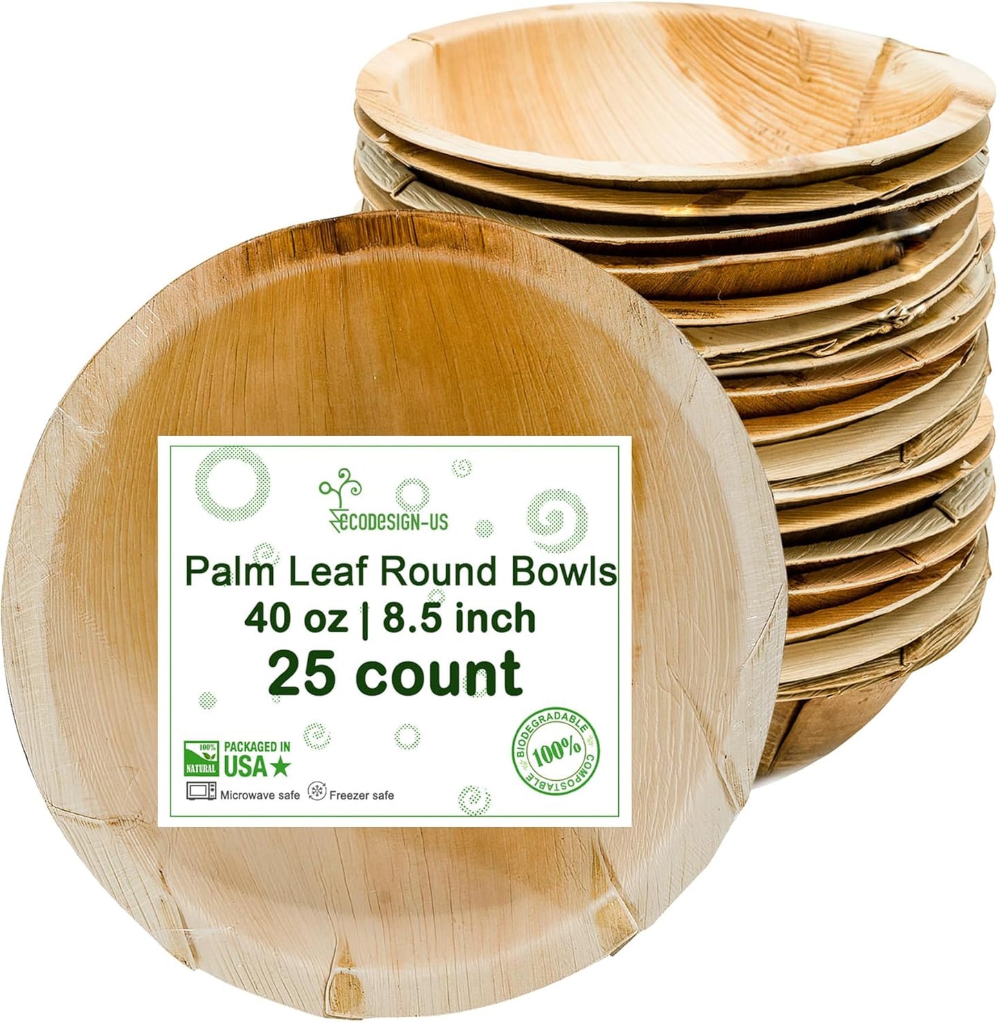 40 oz Palm Leaf Serving Bowls - 8 Natural Disposable Deep Bowls - Rustic-Style Dinnerware for Parties and Catering - Palm Leaf Alternative to Bamboo Plates
