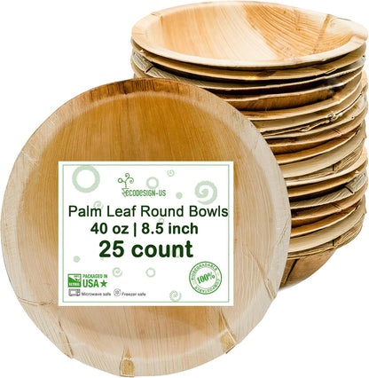 40 oz Palm Leaf Serving Bowls - 8 Natural Disposable Deep Bowls - Rustic-Style Dinnerware for Parties and Catering - Palm Leaf Alternative to Bamboo Plates