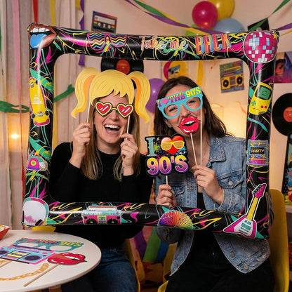 Hawaiian Photo Booth Props & Inflatable Frame, 30Pcs Luau Photobooth Props with Large Inflatable Inflatable Selfie Picture Frame for Summer Tropical Aloha Luau Party Selfie Supplies