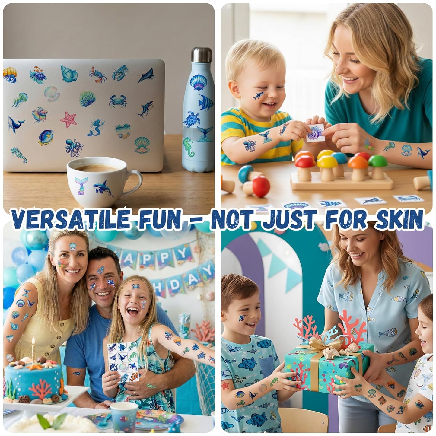 96PCS Ocean Temporary Tattoos Stickers - Under The Sea Themed Birthday Party Favors Adventure Ocean Birthday Party Decorations Accessories Supplies Gift For Kids Teens Adult Classroom Prizes Rewards
