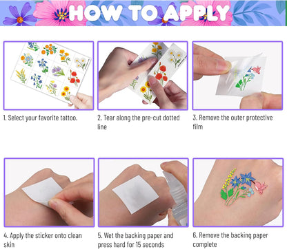 96 PCS Small Wildflower Pre-Cut Temporary Tattoos for Kids | Super Cute Floral Themed Birthday Party Favors, Supplies, Decorations, Fake Tattoo Stickers, School Rewards Prizes & Gifts for Boys Girls