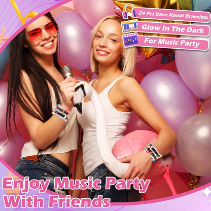 16/24/32Pcs Rave Music Bracelets Set Glow In The Dark EDM Music Stretch Bracelets Multicolor Rave Party Favor for Women Men EDM Party Music Festival