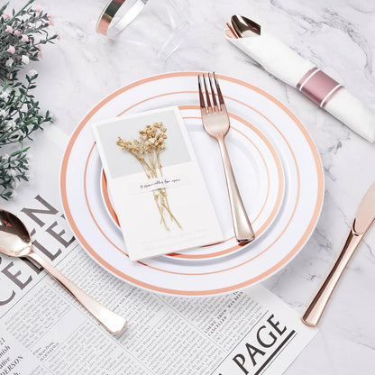 BESTVIP 350PCS Gold Plastic Dinnerware Set, Disposable Party Plates for 50 Guests, Include: 100 Plastic Plates, 50 Pre Rolled Napkins with Gold Silverware, 50 Cups