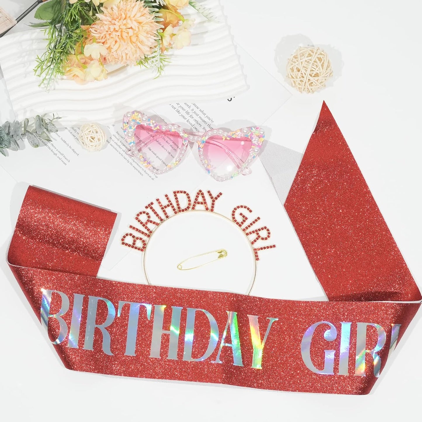 3Pcs Birthday Girl Sash Headband Set-Birthday Sash Tiara and Crown Sunglasses for Girls Women