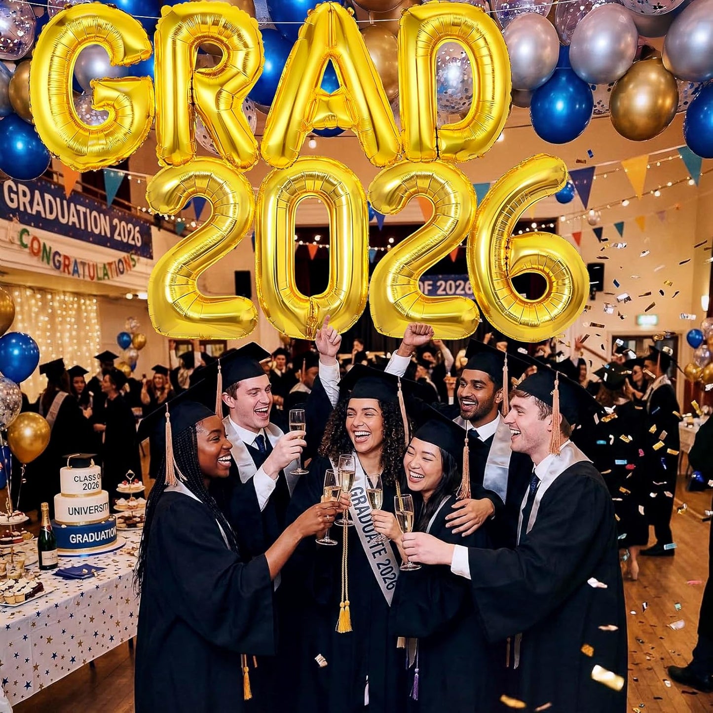 8 Pcs Grad Balloons Graduation Party Decorations - 32 Inch Large Grad 2026 Inflatable Pool Float Letters Balloons, Gold Aluminum Foil Congrats Grad Balloon for Graduation Celebration Beach Party Decor