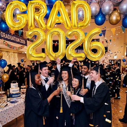 8 Pcs Grad Balloons Graduation Party Decorations - 32 Inch Large Grad 2026 Inflatable Pool Float Letters Balloons, Gold Aluminum Foil Congrats Grad Balloon for Graduation Celebration Beach Party Decor