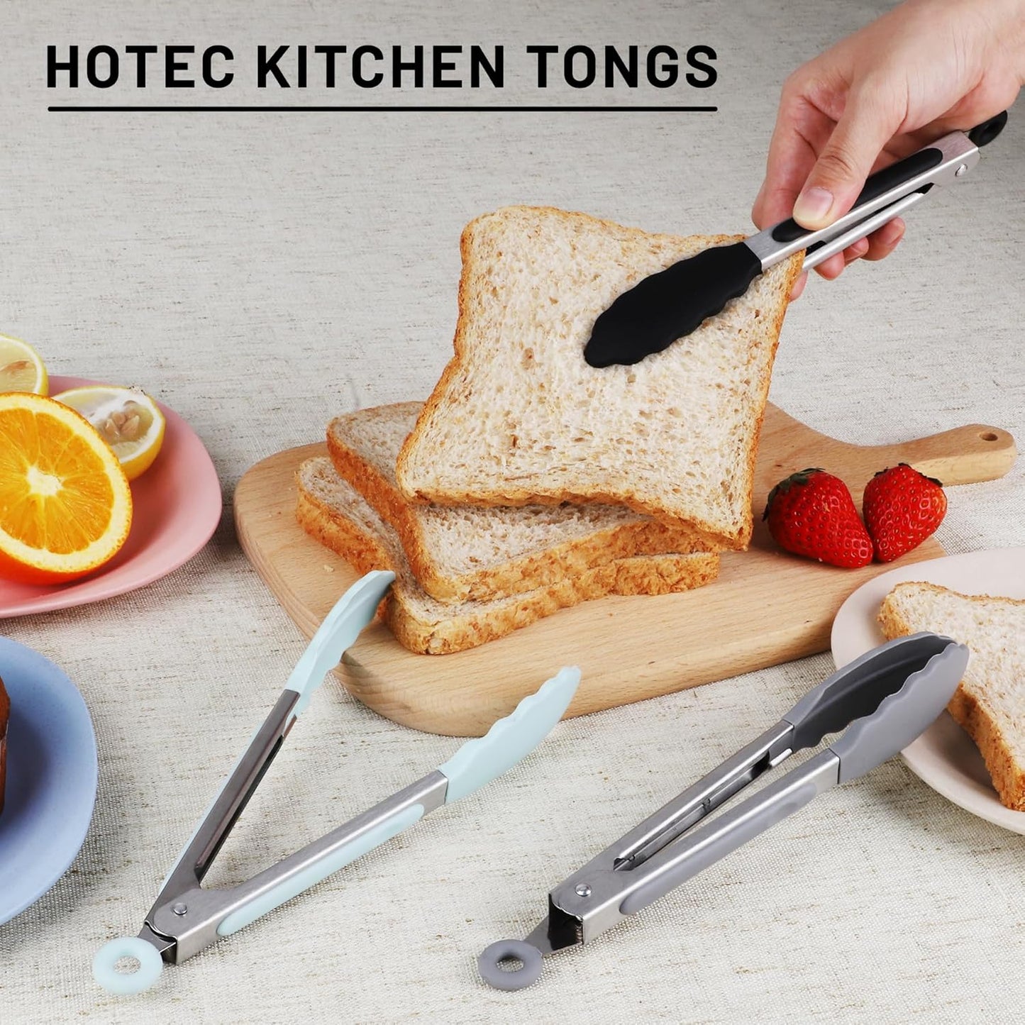 Hotec Mini Silicone Kitchen Tongs for Cooking - 7-Inch Small Serving Tongs with Silicone Tips, Set of 3 (Blue)