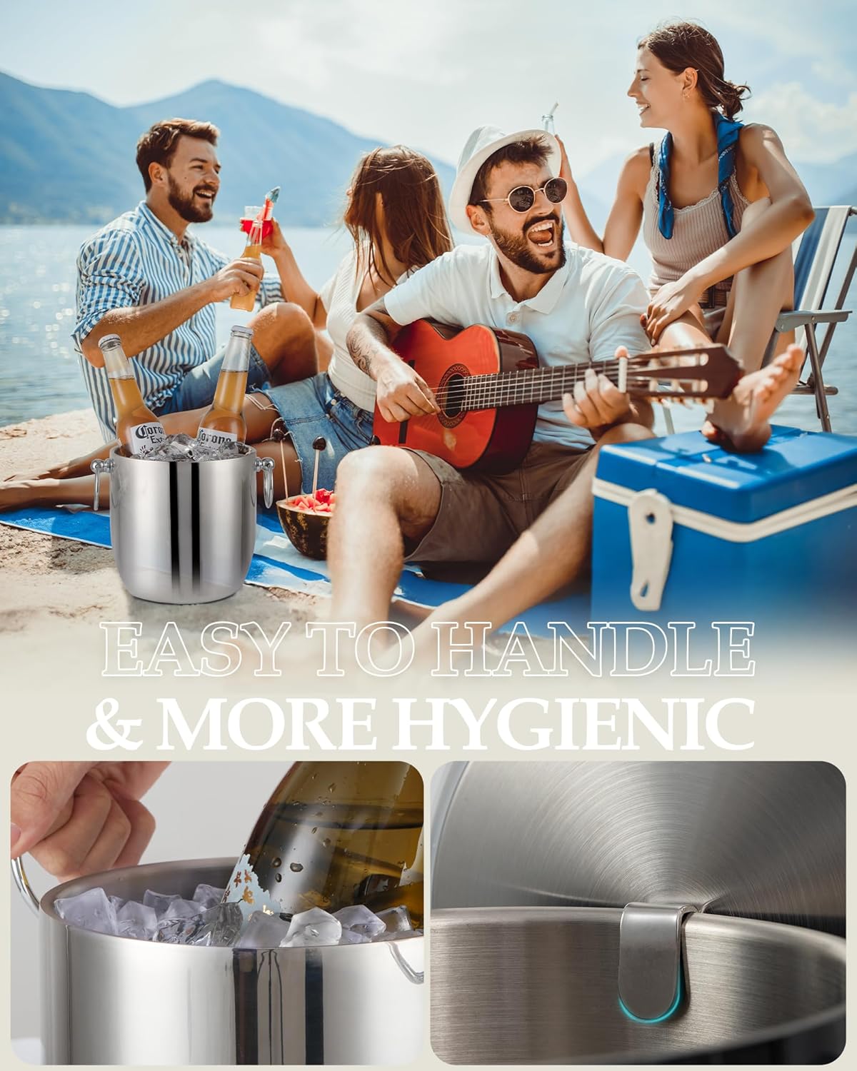 Insulated Ice Bucket, 3L Double Wall Stainless Steel Ice Bucket with Tongs,Lid, Scoop and Strainer, Ice Buckets for Parties,Cocktail Bars, Chilling Beer, Champagne, Wine Bottles,Wood