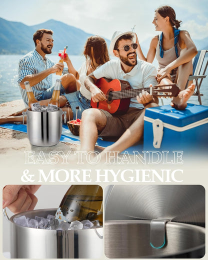 Insulated Ice Bucket, 3L Double Wall Stainless Steel Ice Bucket with Tongs,Lid, Scoop and Strainer, Ice Buckets for Parties,Cocktail Bars, Chilling Beer, Champagne, Wine Bottles,Wood