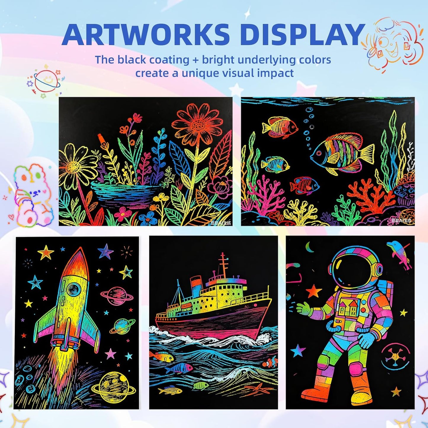 Scratch Paper Art Crafts 7.5” x 5.5” 52 Pieces Rainbow Color Scratch Off Paper Book Ideal for Birthday Christmas Party Gift Help Focus Practice Hands (SP139)