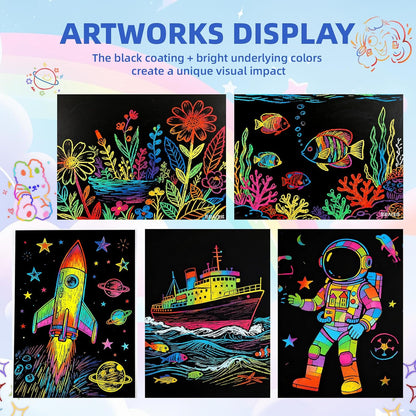 Scratch Paper Art Crafts 7.5” x 5.5” 52 Pieces Rainbow Color Scratch Off Paper Book Ideal for Birthday Christmas Party Gift Help Focus Practice Hands (SP139)