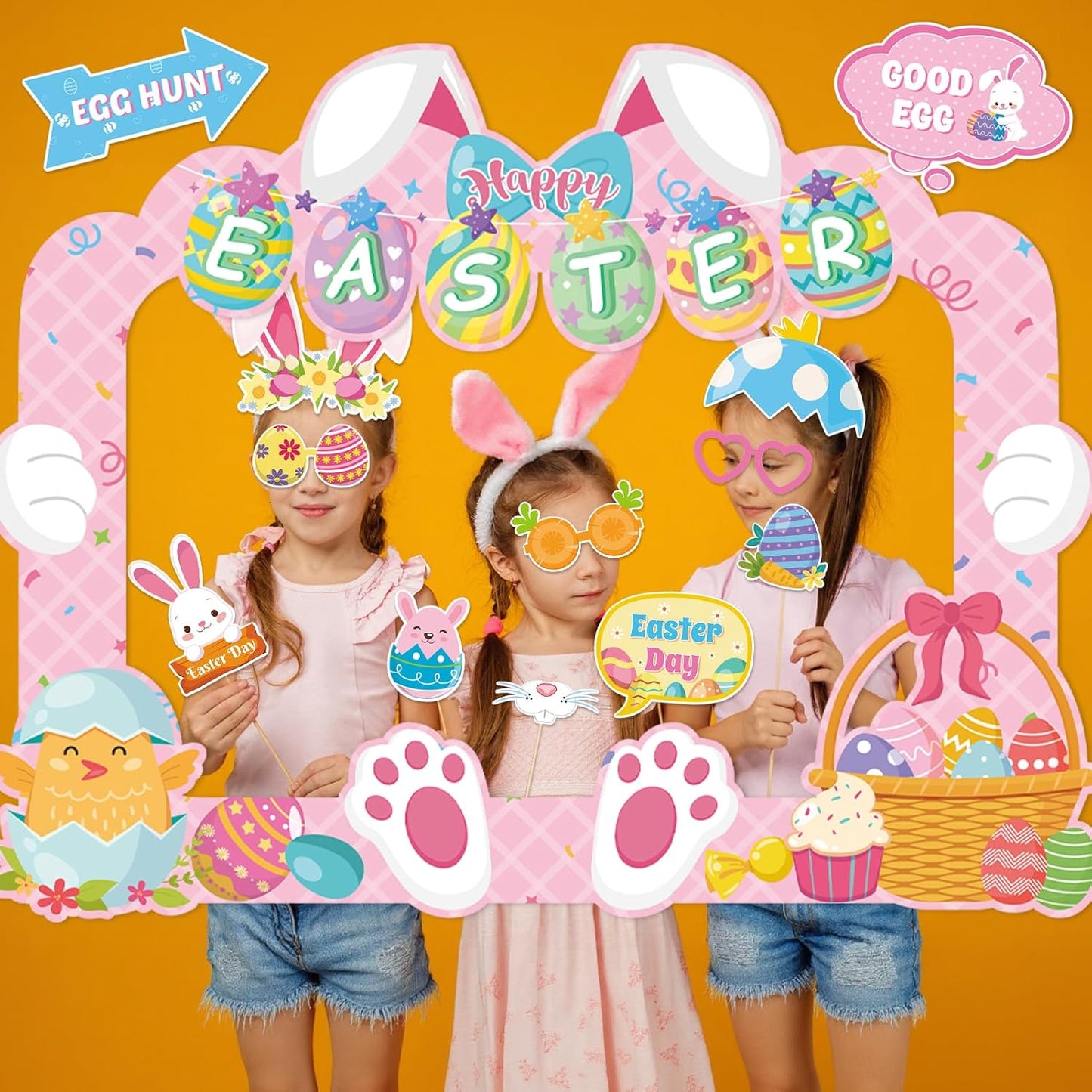 HOWAF Easter Photo Booth Props, 25pcs Happy Easter Party Decorations Photoshoot Props with Photo Frame, Egg Bunny Selfie Props for Spring Easter Photography