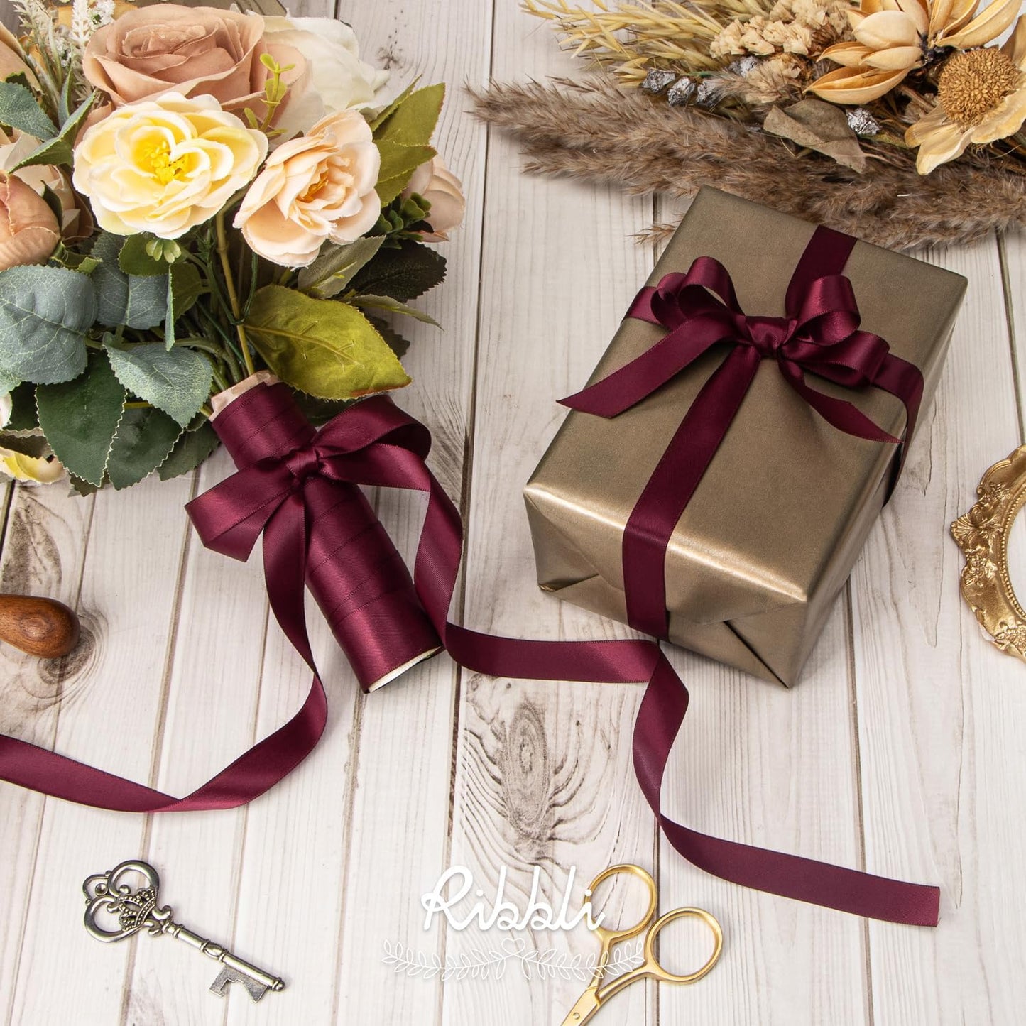 Ribbli Double Faced White Satin Ribbon,3/8” x Continuous 25 Yards,Fabric Ribbon use for Bows Bouquet,Gift Wrapping,Floral Arrangement