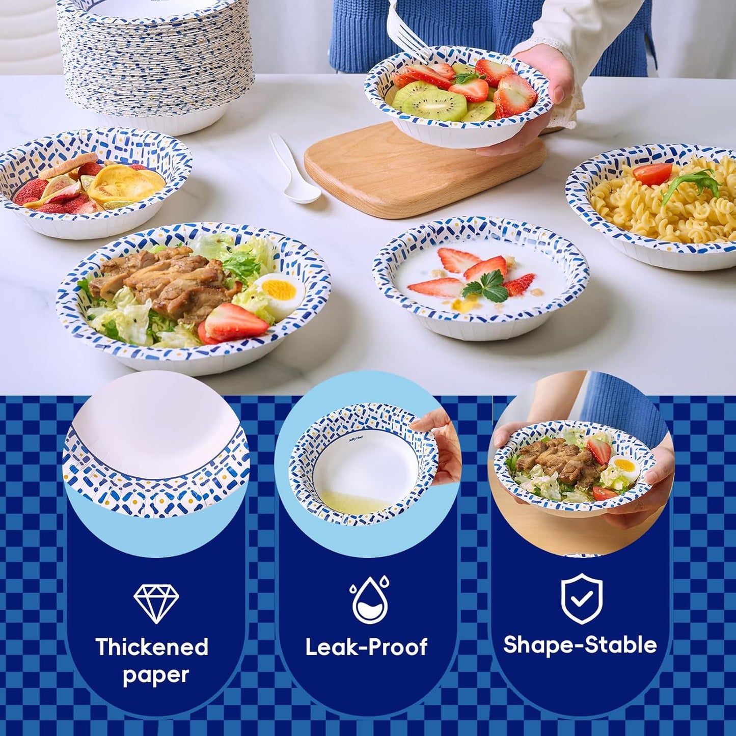 JOLLY CHEF 12 oz Paper Bowls 200 Count, Soak-Proof, Heavy Duty Small Disposable Bowls Bulk for Snacks, Desserts, Breakfast, Lunch, and Party Use