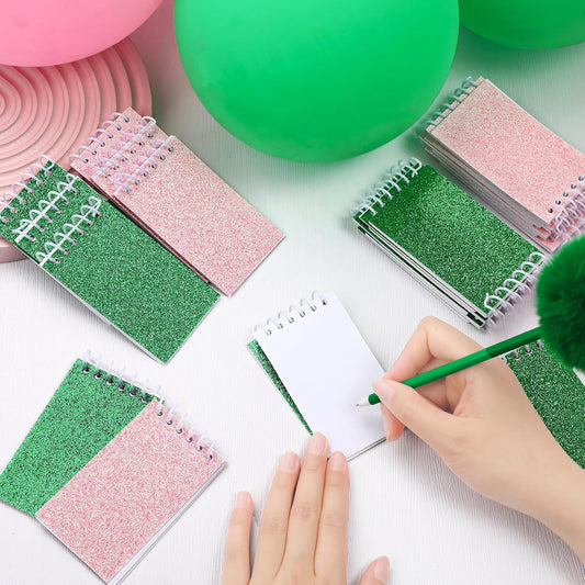 Resurhang 24 Pcs Pink and Green Mini Notepads Bulk Magical Wizard Party Favors Glitter Cover Spiral Notebooks Princess and Witch Party Favors for Birthday Gift School Classroom Rewards Supplies