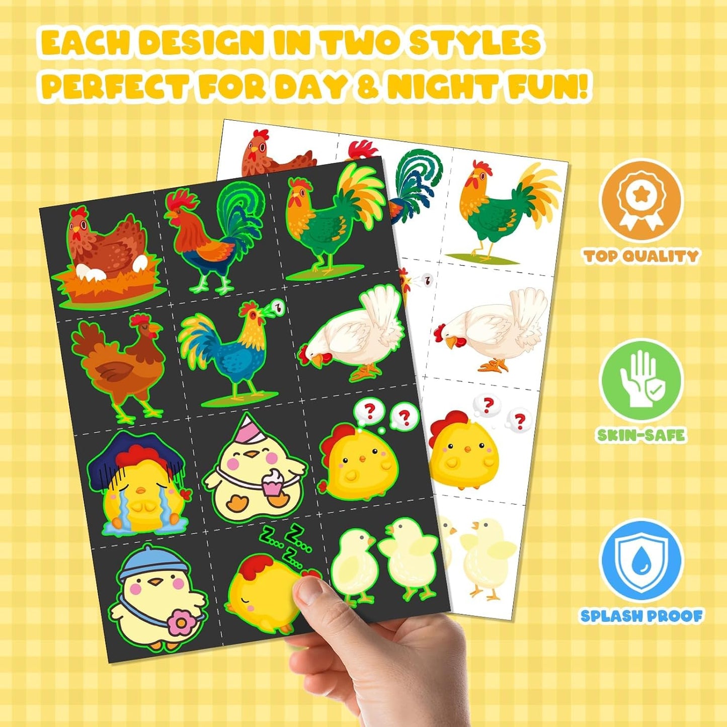 96 PCS Chicken Party Favors Set – 72 Pre-Cut Temporary Tattoos & 24 Slap Bracelets for Kids, Perfect for Farm-Themed Birthday Parties, Classroom Rewards & Barnyard Celebrations