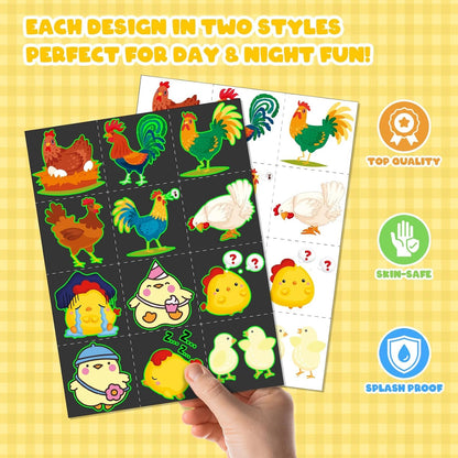 96 PCS Chicken Party Favors Set – 72 Pre-Cut Temporary Tattoos & 24 Slap Bracelets for Kids, Perfect for Farm-Themed Birthday Parties, Classroom Rewards & Barnyard Celebrations