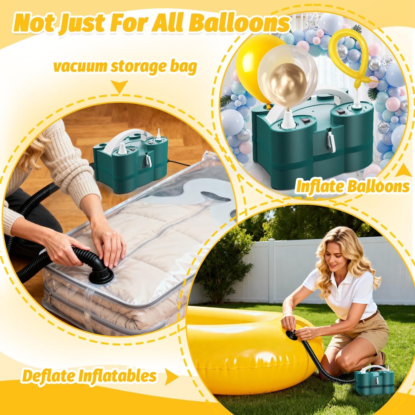 Balloon Pump, 3-in-1 Electric Balloon Pumps, Balloons Blower with Triple Inflating Ports for Latex 260q Foil Balloons Inflation, Inflator Deflator for Pool Floats Air Beds.