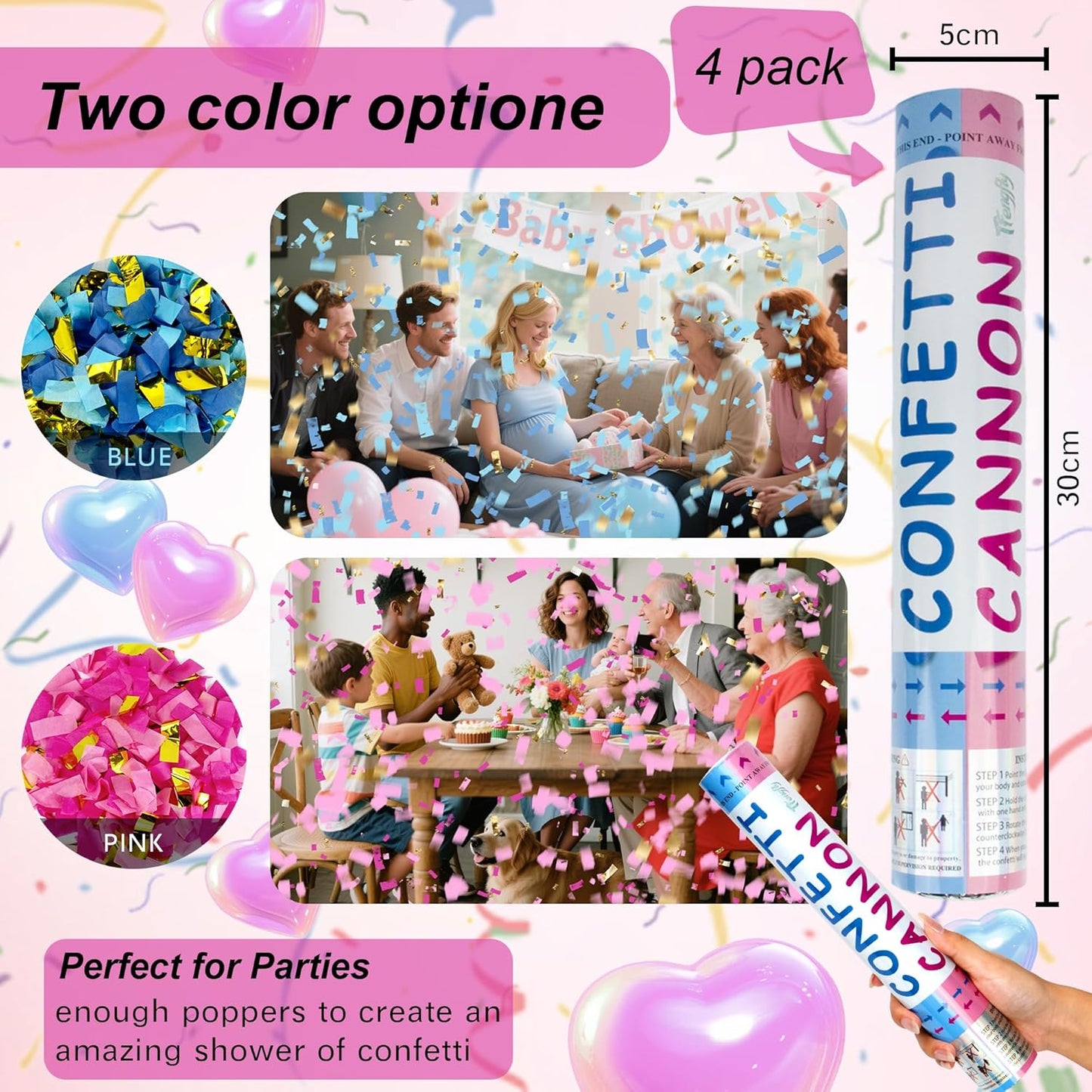 4 Pack Gender Reveal Confetti Cannon, 12 in Blue Rectangle Shaped Paper Party Poppers Cannons, Confetti Poppers For Baby Boy Gender Reveal Baby Showers (Rectangle, Blue)