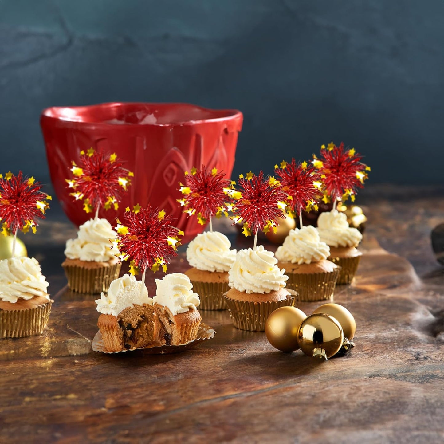Ephlyn 30Pcs Foil Firework Cupcake Toppers Sparkle Tinsel Cupcake Picks Drink Stirrers Cocktail Food Fruit Toothpicks for Baby Shower Graduation Party Supplies White