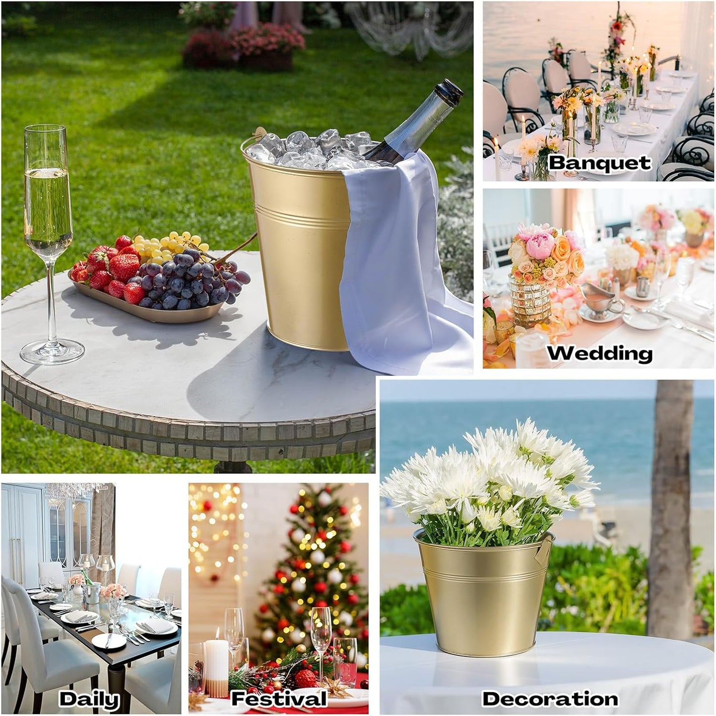 Didaey 24 Pcs Metal Beer Bucket Bulk Ice Bucket Ice Pails with Handle Champagne Soda Party Beverage Chiller for Summer Picnic Pool Wedding Party Supplies Wine Champagne Bar (7.1 x 6.5 x 5.1",Gold)