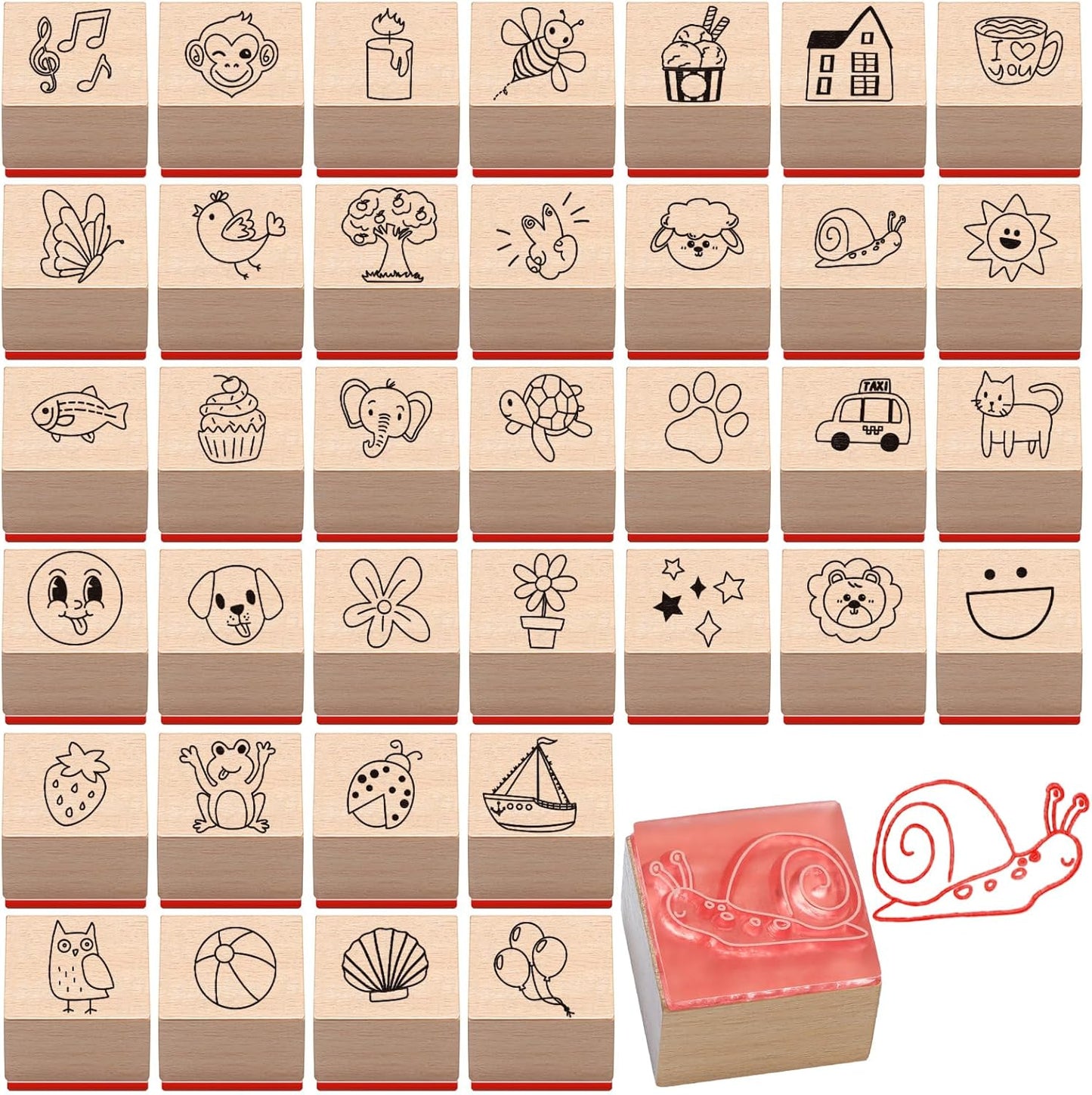 Maitys 36pcs Cartoon Pattern Wood Stamps Set Wooden Rubber Holiday Stamps Cute Cake Elephant Candle Butterfly Bee Pattern for Card Making Decoration and Scrapbooking Supplies DIY Tools Gifts