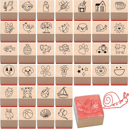 Maitys 36pcs Cartoon Pattern Wood Stamps Set Wooden Rubber Holiday Stamps Cute Cake Elephant Candle Butterfly Bee Pattern for Card Making Decoration and Scrapbooking Supplies DIY Tools Gifts