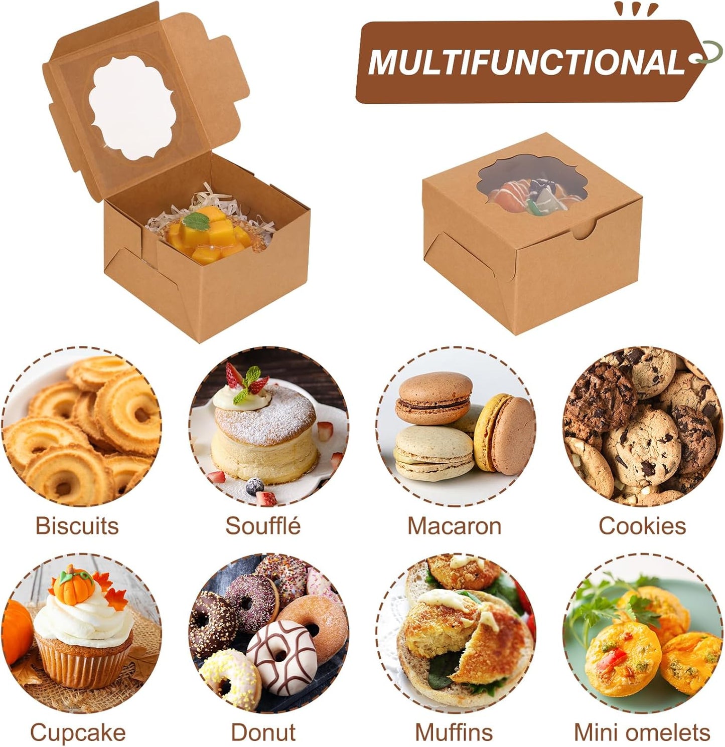 TOMNK 150pcs White Small Cookie Boxes with Window,4x4x2.5 Inch Small Bakery Boxes, 3 Style, Cookie Boxes Bulk for Dessert, Chocolate Strawberries Donuts and Party Favor