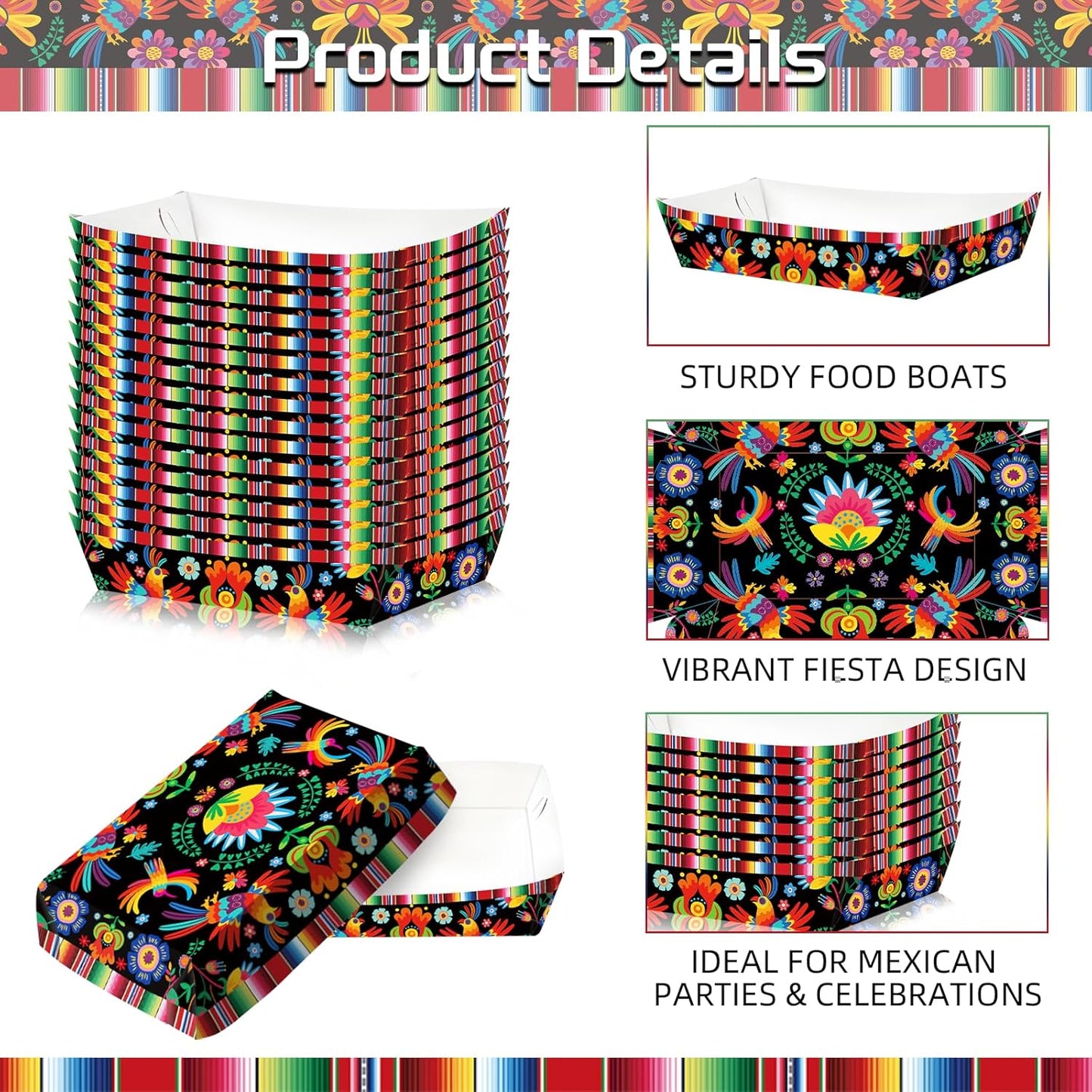 30 Pack Fiesta Mexican Food Trays, Floral and Serape Stripe Design Disposable Paper Serving Containers Boats for Taco Nights, Nachos, Fries, Popcorn, Snacks, Cinco de Mayo and Birthday Party Supplies