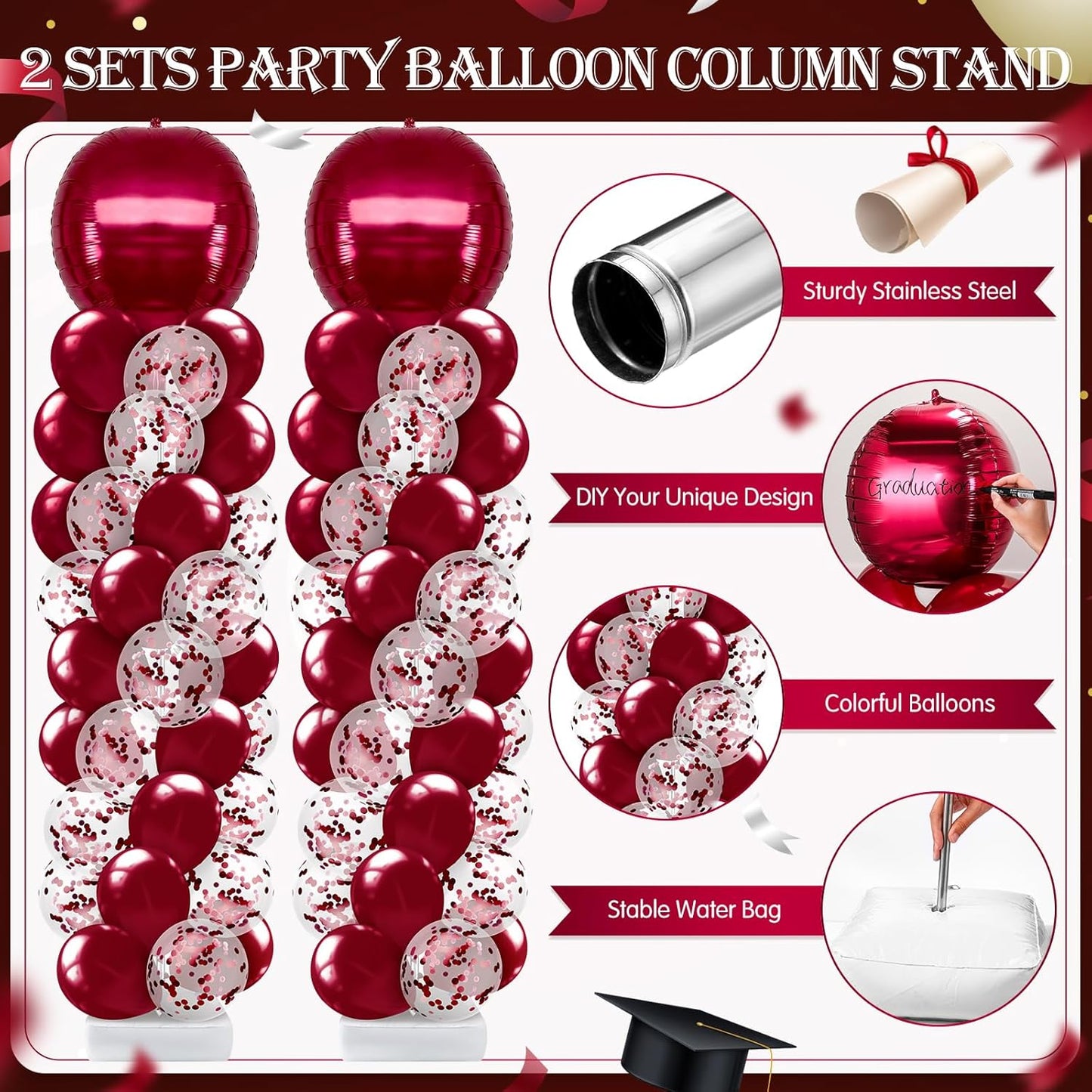 2 Sets Blue and Black White Graduation Balloon Column Stand Kit for Class of 2026, Adjustable Floor Balloon Arch Tower with Foil & Latex Balloons, DIY Decor for Grad Ceremony Backdrop