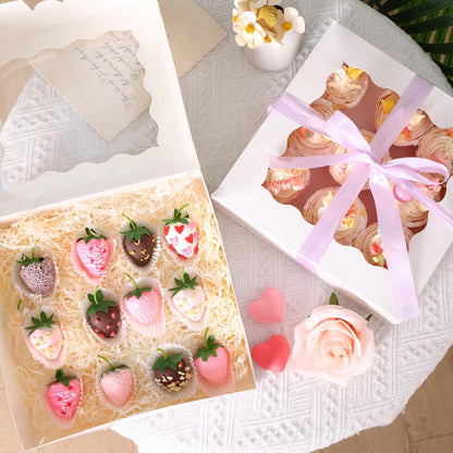Moretoes 35pcs Bakery Boxes, 10x10x2.5 Inches Auto-Popup Cookie Boxes with Window for Pie, Cookie Cake, Treats, Pastries, Chocolate Covered Strawberries