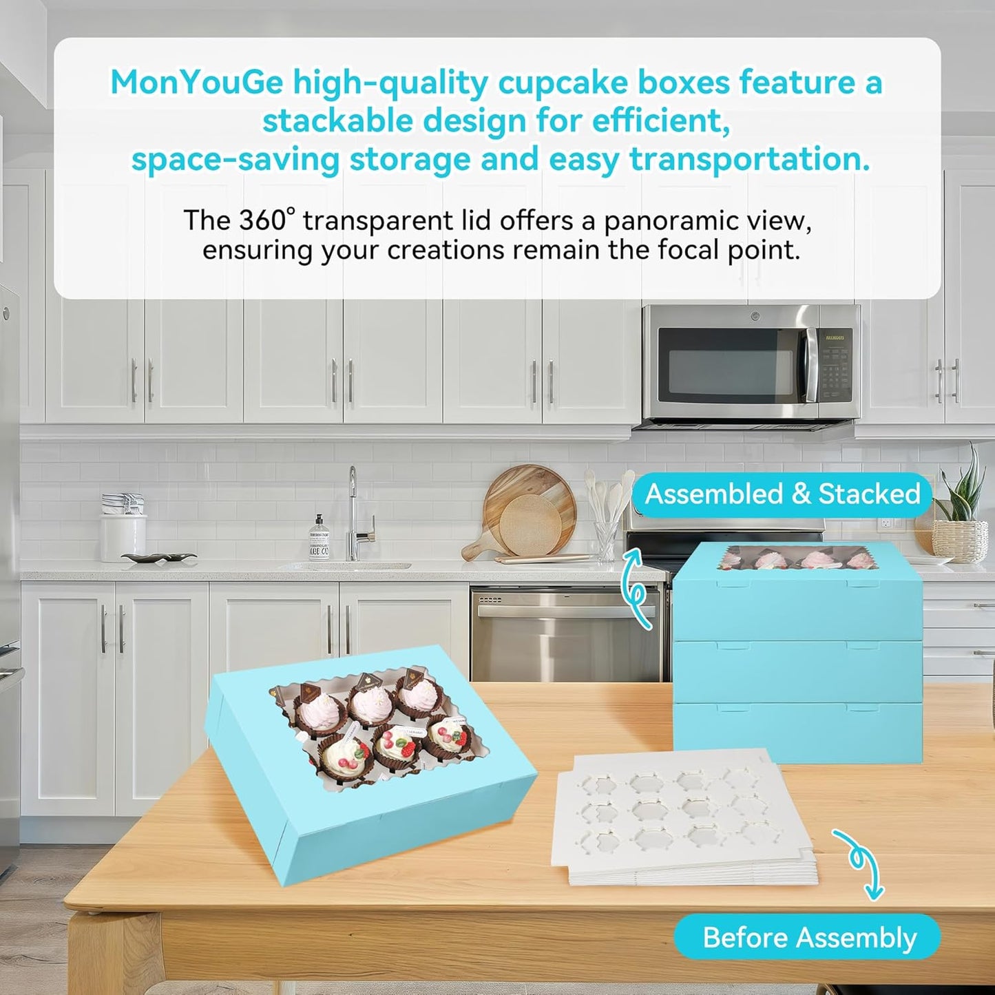 3-Set Cupcake Boxes Bulk with Clear Display Window Hold 12 Standard Cupcakes, Disposable Food Grade White Cupcake Carrier Cupcake Container, Perfect for Cupcakes Muffins Cookies Pastries