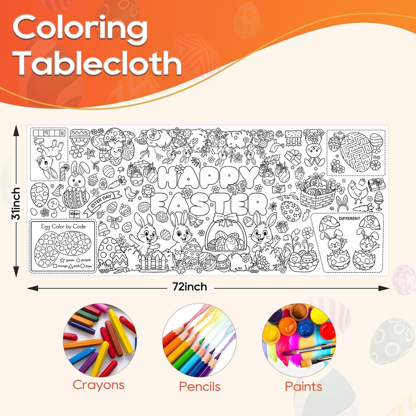 Kids Coloring Tablecloth, Easter Bunny Egg Chick Theme Paper Coloring Poster, 31 x 72 Inch Spring Holiday Coloring Activity Party Table Cover