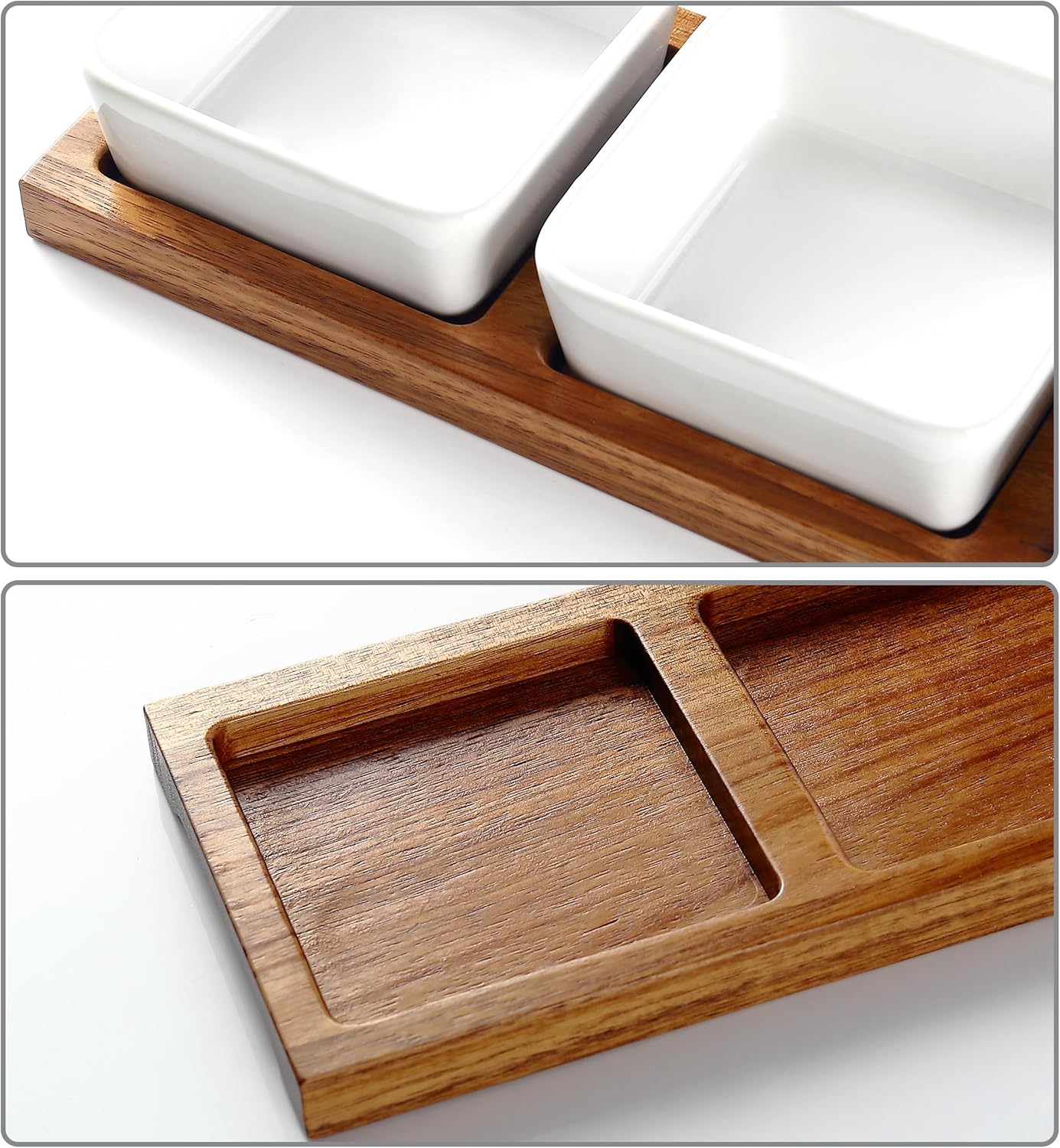 3 Pack Chip & Dip Serving Set with Wooden Tray, Oven Safe Bowls for Parties, Hosting Gifts, Cranberry/Soy Sauce Dish & Entertaining Essentials
