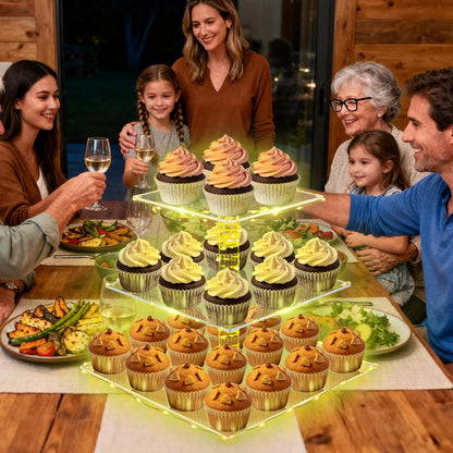 YestBuy Cupcake Stand with Yellow Led Lights, 4 Tier Cupcake Stand for 50 Cupcakes, Acrylic Cupcake Tower Stand, Clear Tiered Cupcake Holder for Birthday Cady Bar Décor Weddings, Parties Events