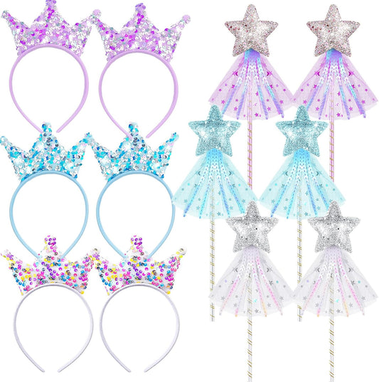Hollowfly 12 Pcs Princess Party Favors Star Shaped Wands and Sequin Crown Headbands Kit for Halloween Birthday Party Decor Gifts