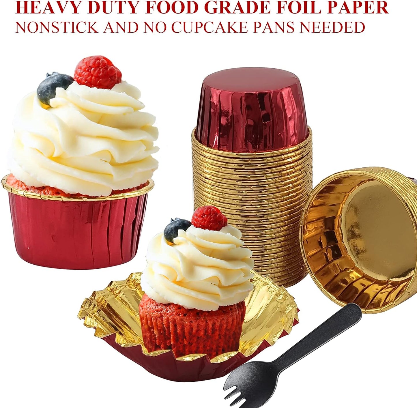 Cupcake Liners with Lids 50 Pack,LNYZQUS 5oz Large Foil Cupcake Cups Muffin Tins,Disposable Baking Cups Muffin Liners Wrappers Holders for Wedding Valentine-Pink in gold