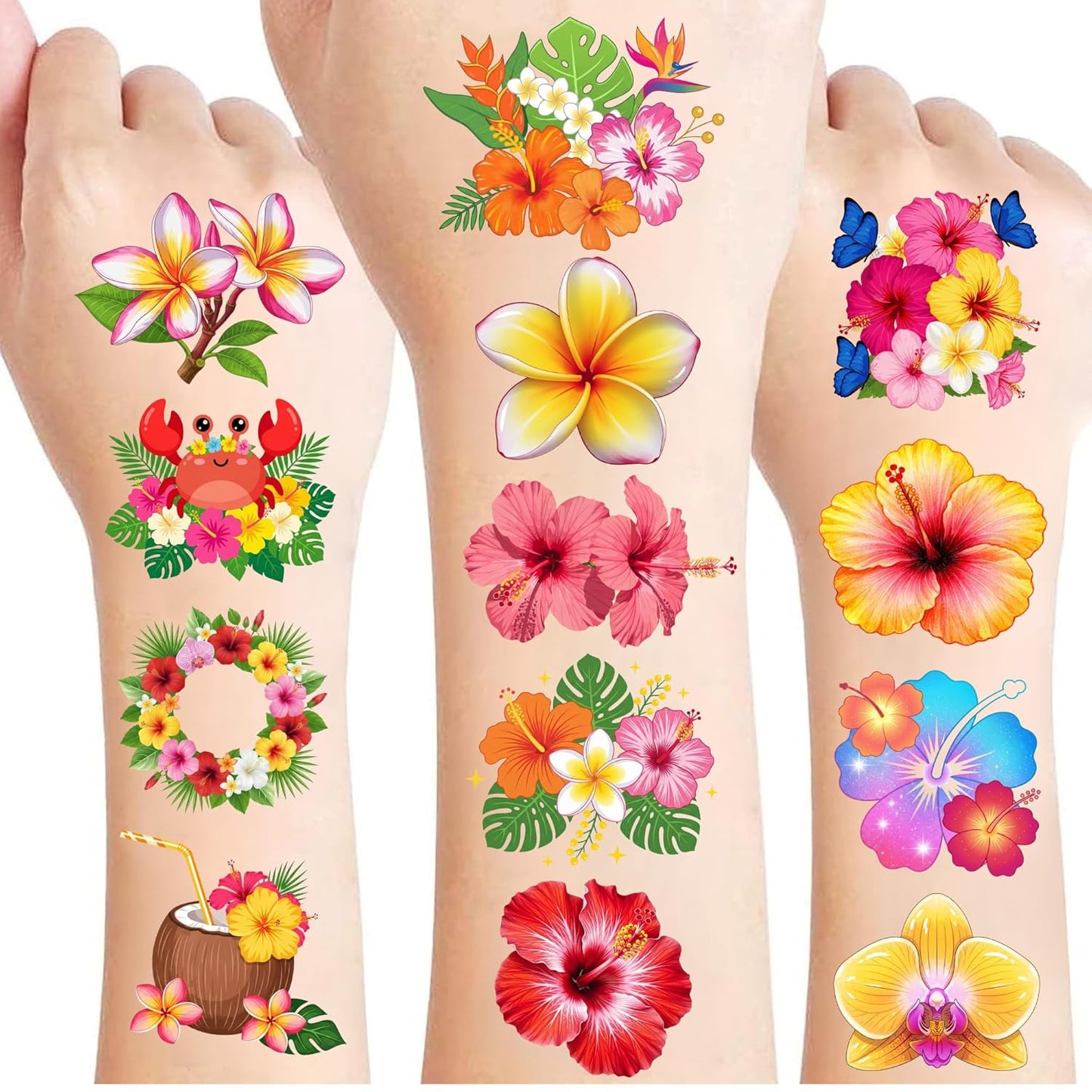 Tropical Flower Hawaiian Temporary Tattoos for Kids - 96 PCS Pre-cut Hawaii Luau Hibiscus Plumeria Party Favors Flower Summer Waterproof Stickers for Summer Aloha Party Decoration Supplies
